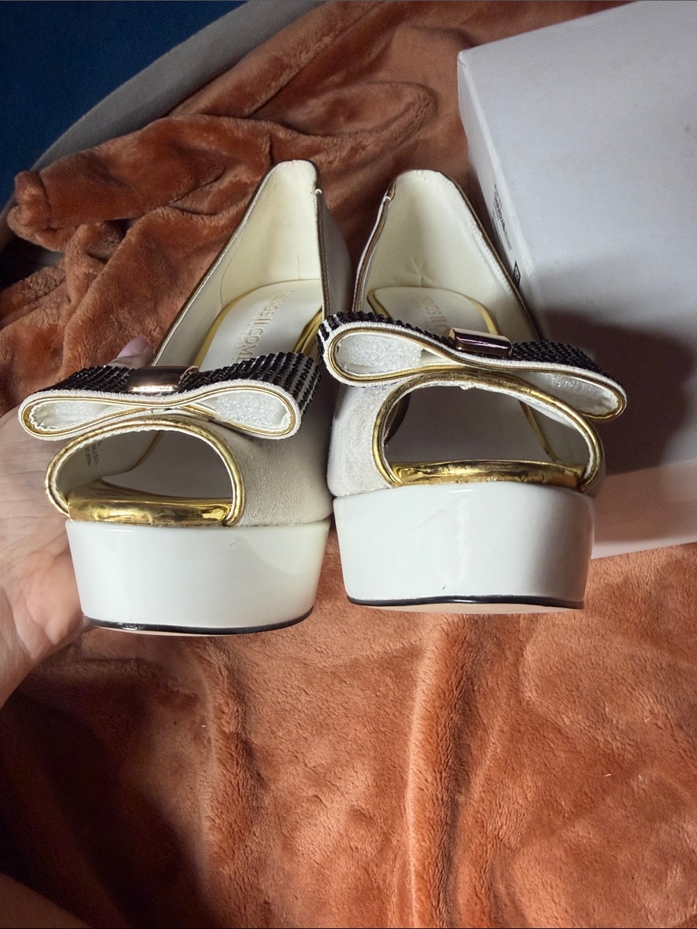 Blush Pink Suede Peep-Toe Platform Heel with Gold Bow Trim - Picture 5 of 6